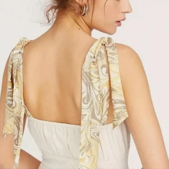 Free People Santorini Midi Dress Pleats Linen Contrast Tie Straps Siz 4 Ecru NWT - Picture 8 of 16